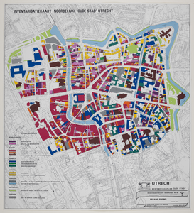 217131 Plattegrond van de noordelijke binnenstad van Utrecht, met aanduiding in kleuren de diverse bestemmingen ...